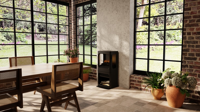 Dimplex Optimyst electric fireplace in a greenhouse setting