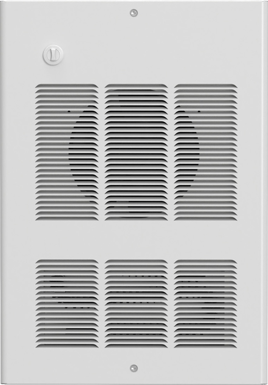 Solentra commercial fan heater, front view of the white louvred grille